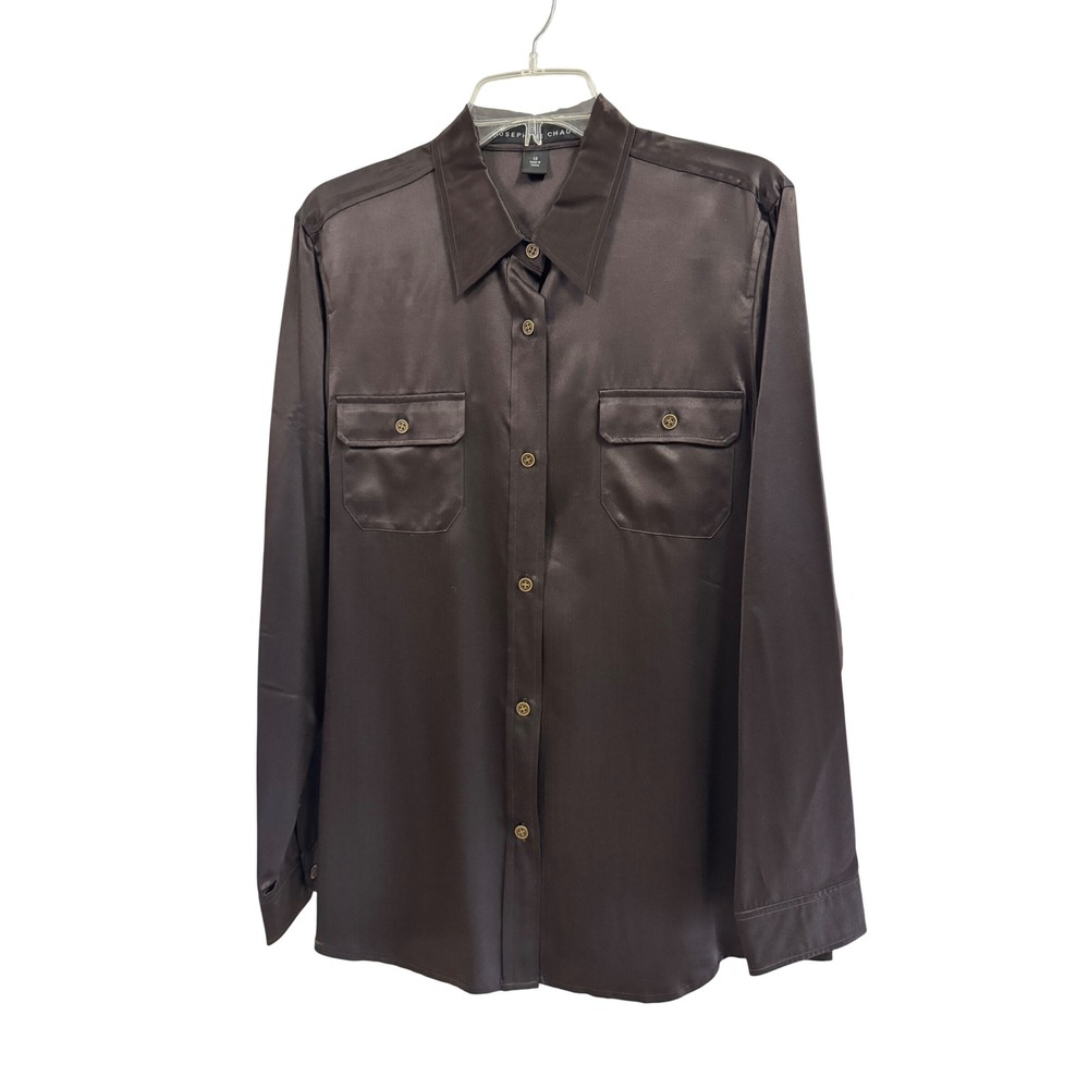 Josephine Chaus Womens Dark Brown Satin Long Sleeve Button Down Shirt Size 12